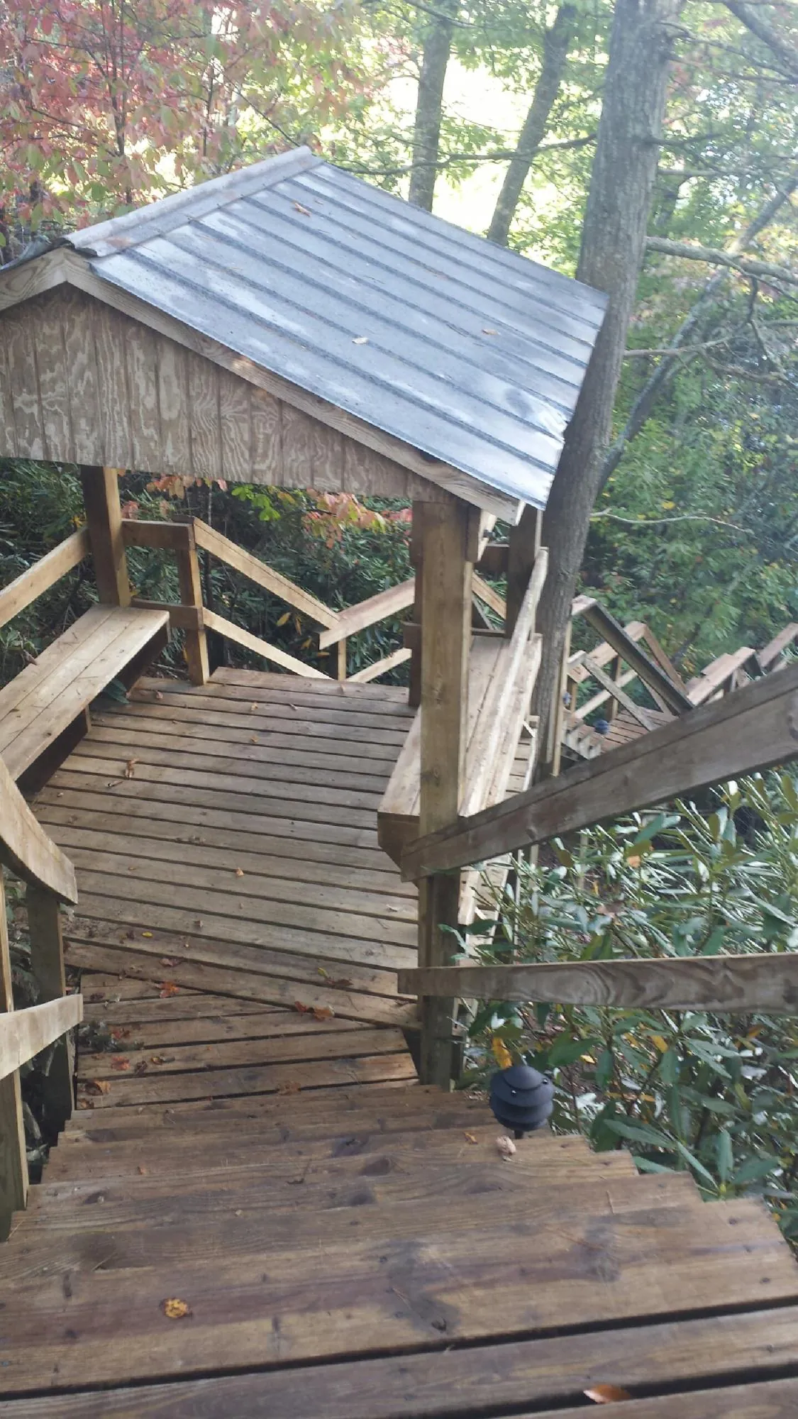 Metal roofed shelter over wooden steps on a wooded walkway — Skylight Repair & Installation work by our crew in Lindsey
